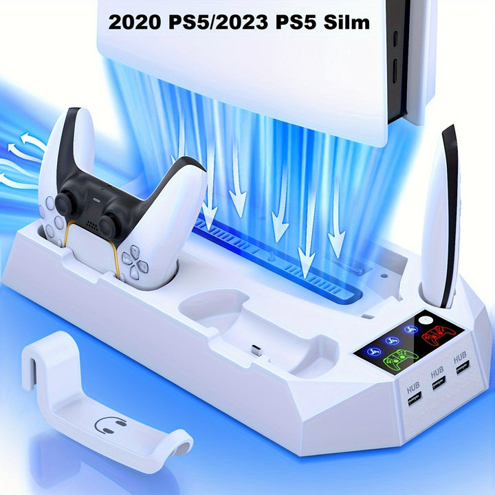 PS5 Stand With Dual Charging Station Compatible With 2020 PS5 And 2023 PS5 Silm Console With LED Indicator, 3 USB Port, Smart Charging Protection, Fast Charging Function, White
