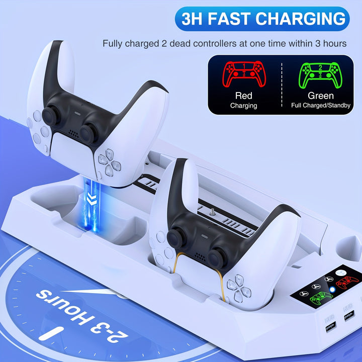 PS5 Stand With Dual Charging Station Compatible With 2020 PS5 And 2023 PS5 Silm Console With LED Indicator, 3 USB Port, Smart Charging Protection, Fast Charging Function, White